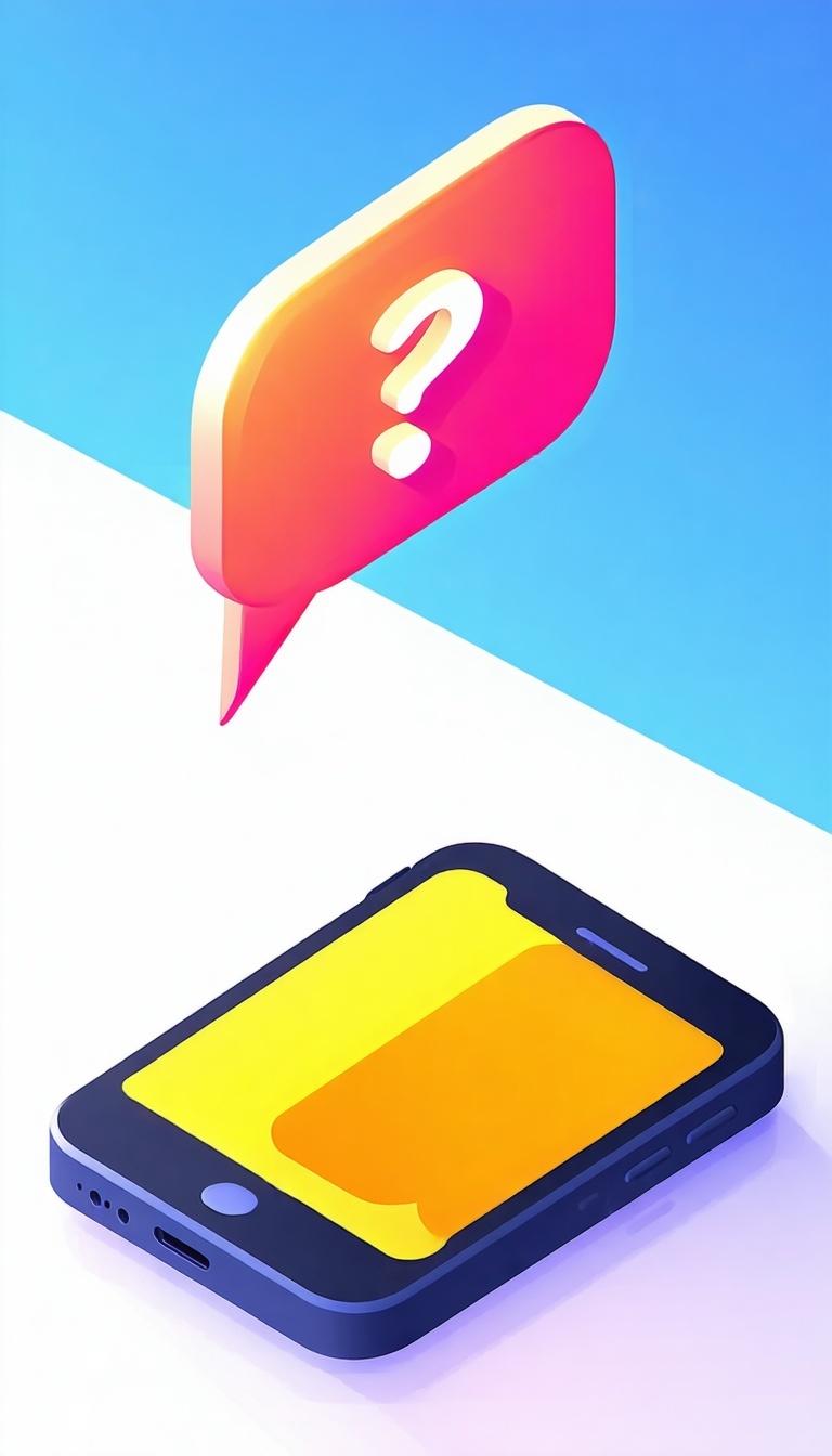 Un teléfono móvil con una gran burbuja de chat sobre el teléfono que contiene un signo de interrogación Utilizar colores vivos-Apr-24-2025-09-57-53-0038-AM