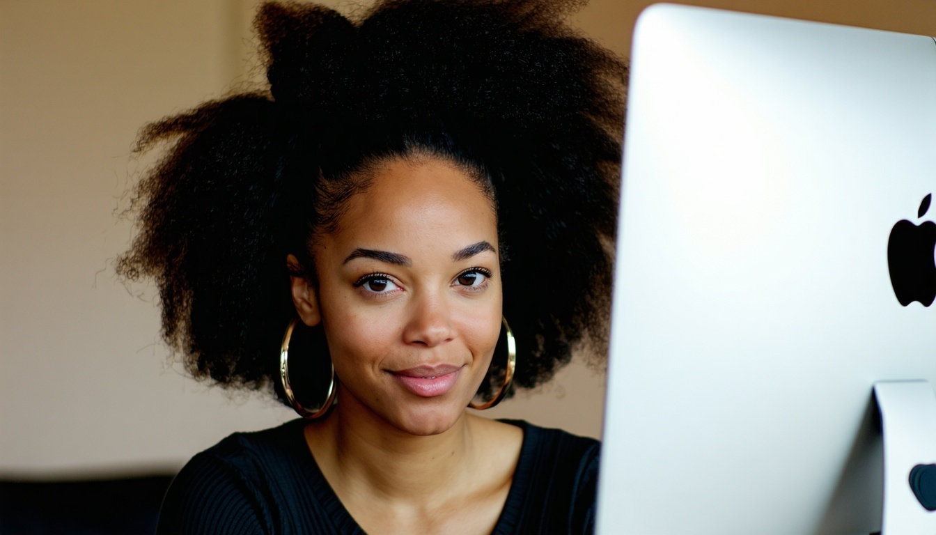 Una atractiva mujer negra frente a un ordenador Apple diseña un SVG Tiny 12-2