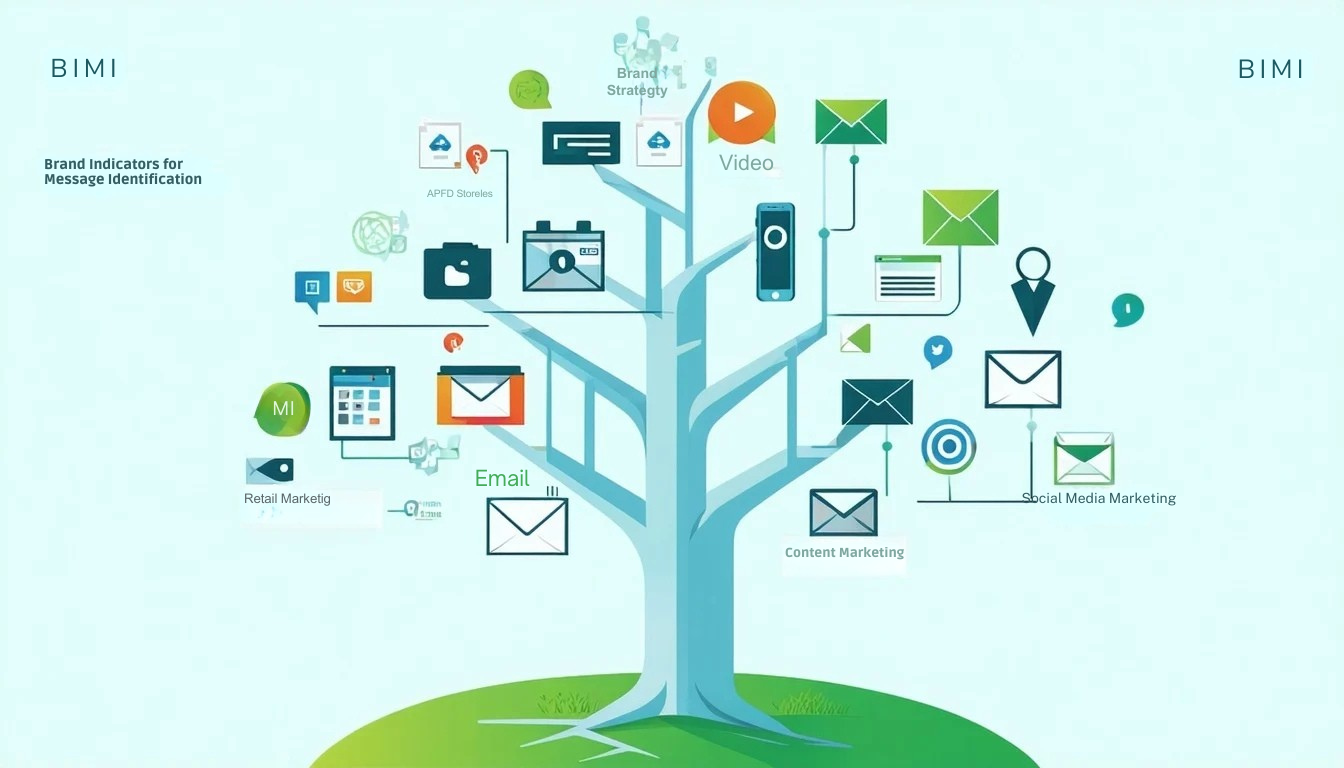 BIMI o Indicadores de Marca para la Identificación de Mensajes sirve como tronco fundacional de un árbol de estrategias de marketing proporcionando un marco sólido para el reconocimiento de marca y la confianza en las comunicaciones digitales A partir de este pilar central diversas tácticas de marketing-.
